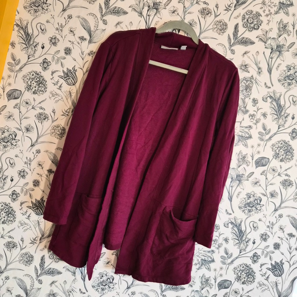 Susan Graver Lifestyle Womens Medium Maroon Open Front Cardigan Layering Travel